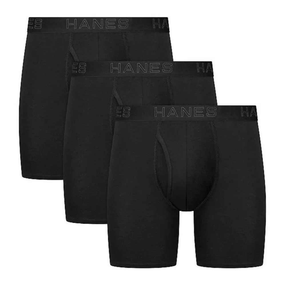 Hanes Men's Large 3-Pack Black Cotton Blend Stretch Boxer Briefs Wicking 36-38”